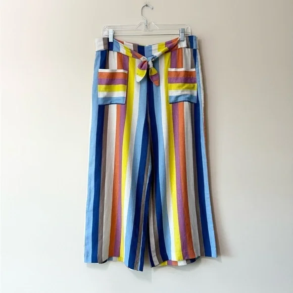 Gilli Colorful Striped Linen Tie High Waist Wide Leg Culotte Pants Size L - Picture 4 of 15